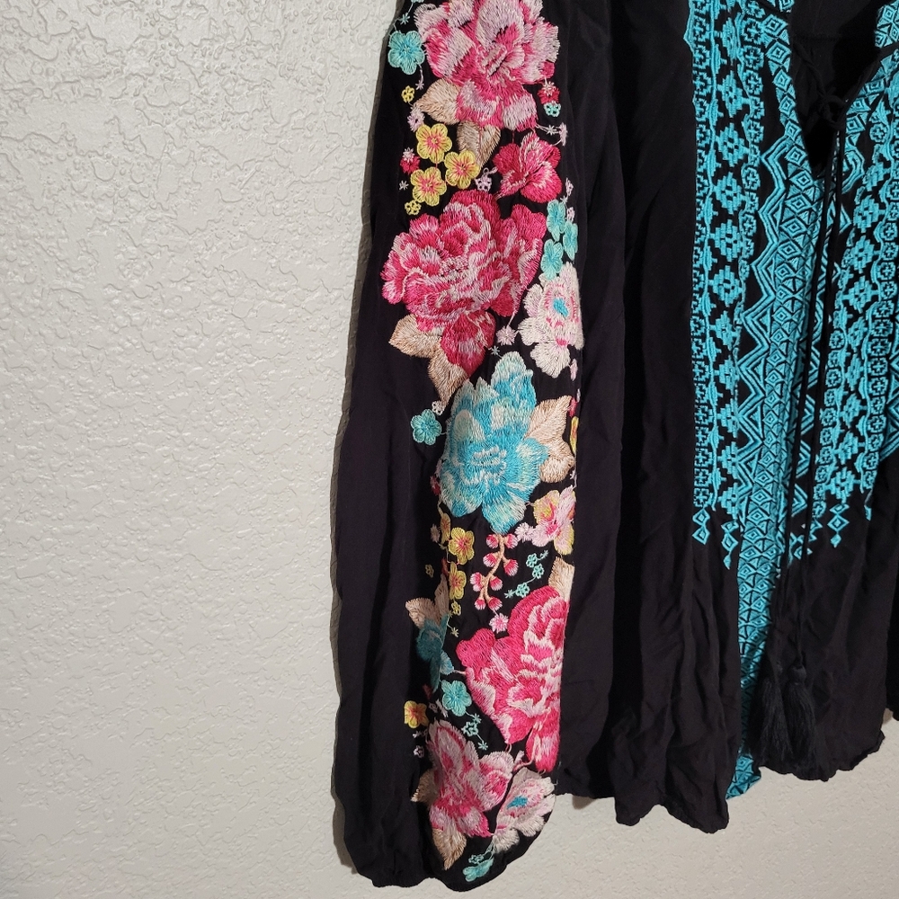 Savanna Jane Black Tunic with Turquoise Embroidery and Multicolor Floral Sleeves - Picture 4 of 9